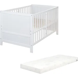 roba Babybett EASY SLEEP 70 x 140 cm inkl. Umbauecken + Matratze safe asleep Roll Air - Mitwachsendes Gitterbett 3-fach höhenverstellbar - 3 Schlupfsprossen - Holz weiß lackiert