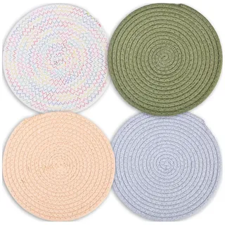 4 Stück Platzsets Rund, 24cm Tischsets Aus Geflochten, Tischuntersetzer Teller Sets, Topf Untersetzer, Minimalistisches Design in Grün, Leinen, Grau, Beige