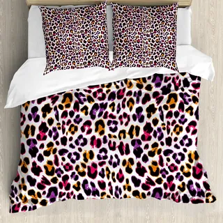 ABAKUHAUS afrikanisch Bettbezug Set, Leopard-Haut-Motiv mit abstraktem Safari-Tier-Tarnungs-Muster, 155 x 220 cm + 80 x 80 cm, Magenta Violet Marigold