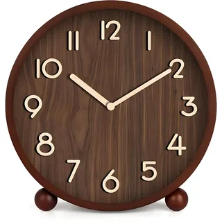 Maxspace Tischuhr Analog, 21cm Holz Tischuhr Batteriebetrieben, Silent Tischuhren ohne Ticken für Schlafzimmer Büro Wohnzimmer Deko Modern (Walnuss)