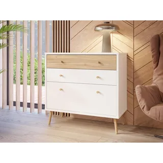 Forte HARLLSON, einfache Montage Dank EasyKlix by Kommode Weiß mit Holzdekor: Mauvella Eiche, Sideboard mit 3 Schubladen, Modern Mid Century Stil, 90 cm breit x 86 cm hoch x 41 cm tief