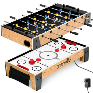 SereneLife Multifunktionstisch, Spieltisch 2in1 Airhockey Tisch & Mini Tischkicker, Air Hockey Spieltisch mit Tischfußball mit 2 Kickerbälle & 2 Pucks, Kickerbälle Kinder & Erwachsene Platzsparend