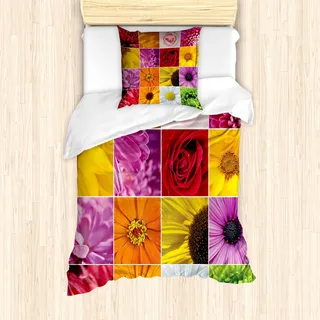 ABAKUHAUS Blume Mantele, Bunte Blumen Rose, Milbensicher Allergiker geeignet mit Kissenbezügen, 135 cm x 200 cm - 80 x 80 cm, Orange Gelb Rosa - Orange