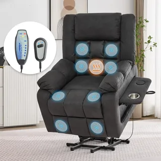 MODFU Elektrisch Seniorensessel Massagesessel mit Fußstütze und Wärmefunktion,TV-Sessel mit Seitentaschen und Getränkehalter,mit USB,Grau - Grau