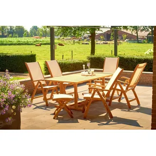 Traditional Teak Set Soraya, Kate - bestehend aus 1x Tisch Soraya 200 x 100 cm, 5x Verstellsessel Kate, 1x Fußtei...