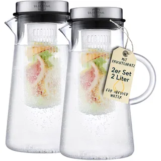 SILBERTHAL Glaskaraffe mit Deckel 2er Set - 2 Liter | Wasserkaraffe mit Fruchteinsatz - Spülmaschinenfest, Transparent