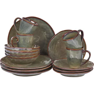 BELIANI Tafelservice Dunkelgrün Steinzeug Ton und Kaolin für 4 Personen 16-teilig mit Braunem Rand Rund Handgefertigt Retro Geschirr Set Essgeschirr - Grün, Braun