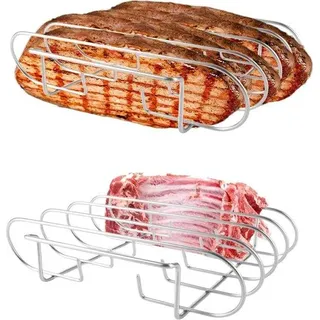 Zwei Stück Grillhalter für die Zubereitung von 4 Rippchen, silberner Edelstahl-Rippchenhalter für Kohlegrill oder Gasgrill - 29 x 27 x 7,5 cm