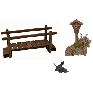 Alfred Kolbe Krippen-Zubehör »Weihnachtsdeko« Wegkreuz mit Brücke, inkl. Hund und Katze, braun