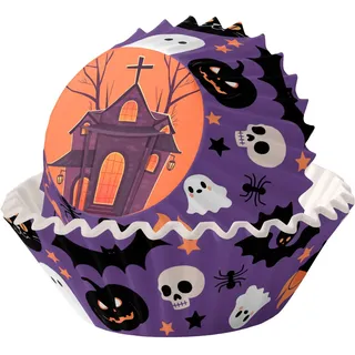 MOMAHUA 100 Stück Halloween Muffinförmchen Papier, Lila Haus Muffins Backförmchen, Papierbackförmchen Backformen Muffin Cupcake Formen Papier Fällen Liners Wrapper Förmchen für Backen Dessert Party