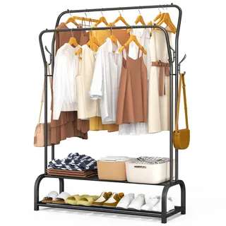 VOUNOT® Kleiderständer, Kleiderstange Doppelt, Garderobenständer Metall mit 2-lagigem Schuhregal und 4 seitlichen Haken, Stabil, Schwerlast, für Schlafzimmer Flur Ankleidezimmer, 108x35x145cm, Schwarz