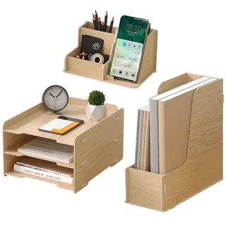 NUODWELL Holz Schreibtisch-Ordnungsset - 3-Ebenen-Papier-Briefablage/A4-Dokument-Ordner/Stifthalter, Desktop-Organizer und Aufbewahrung für Büromaterial (Eiche)