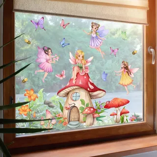 WandSticker4U®- Fensterbilder selbstklebend FEE & PILZHAUS (80x43 cm) I Fenstersticker Kinder Mädchen Fee Elfen Blumen I Fensterdeko Kinderzimmer Mädchen Prinzessin wiederverwendbar