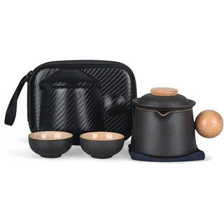 fanquare Porzellan Teeservice Schwarz Tragbarer Teeservice für unterwegs Chinese Kung Fu Teekanne mit Infuser Mini Travel Ceramic Teapot Set mit Aufbewahrungstasche für Haus Büro im Freien