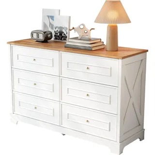 Minimalistisches Sideboard mit 6 Schubladen, moderne Kommode im Retro-Landhausstil aus Holz mit goldenen Griffen für Wohnzimmer und Esszimmer, 120x76x - Weiß