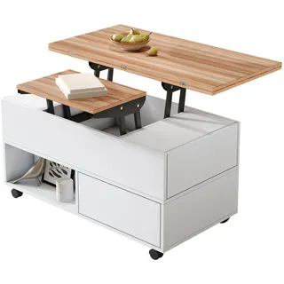 Redom Couchtisch 100/50/52 cm mit anhebbarer und ausklappbarer Tischplatte, 4 Schubladen und Rollen, Weiß/Eichefarben , Holzwerkstoff , 50x52x100 cm , Wohnzimmer, Wohnzimmertische, Couchtische