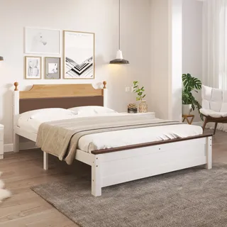 okwish Doppelbett 140x200 Holzbett, Gestell aus Kiefernholz mit Mittelfuß,Erwachsenenbett, Jugendbett mit Kopf- und Fußteil aus MDF, Farbblock,Weiß - Weiß