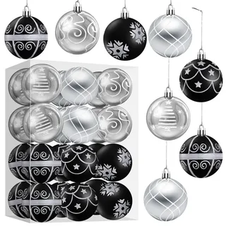 LIHAO Weihnachtskugeln 24 Stück Schwarz Silber 6 cm Christbaumschmuck aus Kunststoff mit 6 Designs für Weihnachtsbaum Deko Wohnzimmer Party Festliche Dekoration