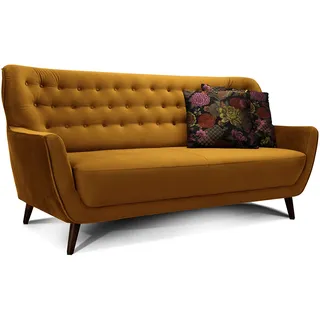 CAVADORE 3-Sitzer-Sofa Abby / Retro-Couch im Samt-Look mit Knopfheftung / 183 x 89 x 88 / Samtoptik, gold