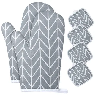 AUAUY 1 Paar Ofenhandschuhe und 4 Topflappen, Baumwolle, Waschbare, Grau | Rutschfeste, Waschbare Backofenhandschuhe, Hitzebeständig [bis 180°C/356°F], Kochhandschuhe zum Kochen Backen Grillen