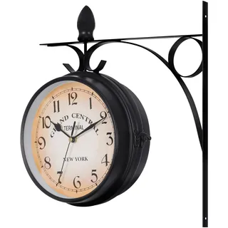 KayEsampra Bahnhofsuhr Doppelseitig (Berlin & New York), 29cm Groß Vintage Wanduhr, Bahnhof Wanduhren mit Halterung für Haus Küche Flur Wohnzimmer Kirche Bahnhof - Schwarz
