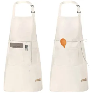 Viedouce 2 Pack Schürze, Wasserdicht Kochschürze mit Taschen, Verstellbarem Küchenschürze Grillschürze latzschürze Küchenschürze für Frauen Männer Chef-Belastbar & Einfach zu Reinigen,Weiß