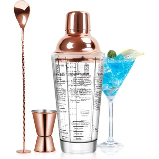 SAVORLIVING 14oz Glas Cocktail Shaker Set, Margarita Mixer Shaker mit eingebautem Sieb und Messbecher & Mischlöffel Set, Professionelles Barwerkzeug-Set für Barkeeper und Anfänger (Rose-Kupfer, 3PCS)