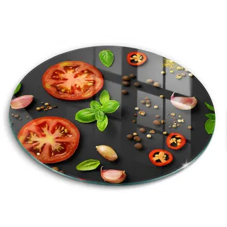 Wallfluent Glasplatte Ø 30 cm Tomaten und Gewürze , Graphitfarben , Glas , Rund , 30x30 cm , Küchenzubehör, Schneidebretter