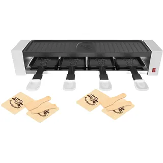 LITTLE BALANCE 8942 Raclette 4 Meuuuh...!, Raclette-Gerät, für bis zu 4 Personen, abnehmbarer Grill, 4 Pfannenwender + 4 Brettchen, ohne PFAS, antihaftbeschichtet, 800 W, weiß