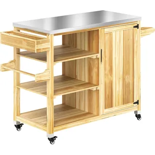 Grillwagen 6-Etagen Servierwagen mit Arbeitsfläche Handtuchregal, BBQ Grilltisch aus Holz, Grill Beistelltisch, Outdoor Trolley, Holzkohlegrill für Garten, Terrasse 134,5x50x91,5cm Naturholz