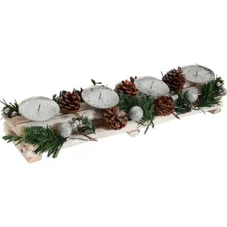 Adventsgesteck HWC-M12 mit Kerzenhaltern, Adventskranz Weihnachtsdeko Holz silber weiß 18x49x13cm ohne Kerzen - Weiß