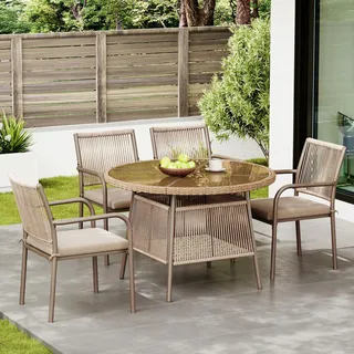 Flieks Rattan Gartenlounge-Set 5-tlg. für 4 Personen, 4 Essstühlen mit Rundem Glastisch, Gartenloungeset Sitzgruppe mit Eisengestell, Braun - Braun