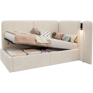 Redom Tagesbett 90/200 cm mit hydraulischem Bettkasten, Usb- und Typ-C-Anschluss, Leselampe und Samtbezug, Beige , Textil , 90x200 cm , Schlafzimmer, Betten