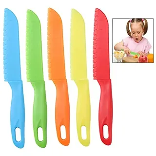 iwobi 5 Stücke Kunststoff-Küchenmesser Set mit gezackten Schneidekanten Kunststoffmesser Kids Safe Chef Messer/Kinder-Kochmesser für Obst/Gemüse/Brot/Kuchen/Gebäck/Pizza/Salat Schneiden
