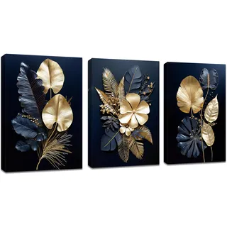 3 Pcs Leinwandbilder Bilder mit Rahmen Marineblau Gold Blumen Kokosnussblatt bild auf leinwand Wandkunst Wandbilder Kunstdruck Deko für Wohnzimmer Schlafzimmer fertig zum Aufhängen 90x40cm(30x40x3)