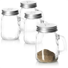 com-four® 4-teiliges Gewürzstreuer-Set - Salz- und Pfefferstreuer aus Glas mit Metall-Deckel und Henkel - Würzspender in Bierkrug-Form - Gewürzglas - Küchenzubehör - Schüttler (4-teilig - Klar-Glas)