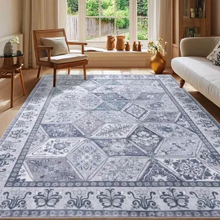 Calinline Blau Vintage Waschbarer Teppich Schlafzimmer, 80x150 cm | Kurzflor Waschbar Boho Teppich Wohnzimmer, Rutschfester Orientalischer Perserteppich, Carpet für Esszimmer Büro Küche