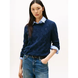 Strickpullover TOMMY HILFIGER "SOFT WOOL CABLE C-NK", Damen, Gr. L (42/44), blau (schwarz night navy), Strick, Obermaterial: 100% Wolle, unifarben, normal, Rundhals, Bündchen, Pullover Strickpullover, mit Zopfmuster, aus reiner Wolle