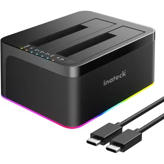 Inateck RGB USB 3.0 USB-C Port Festplatten Dockingstation mit Offline-Klonen, für 2,5/3,5 Zoll SATA HDDs und SSDs, 2 x 20TB Dual Bay Docking Station, UASP unterstützt, SA02003C