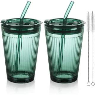 Joeyan 450ml Grün Trinkbecher mit Deckel und Strohhalm Glas-2er Set Glas Smoothie Becher mit Strohhalm-Kaffeebecher mit Trinkhalm für Saft, Kaffee,Wasser,Tee, Luftdicht Wasserdicht Design Reisebecher