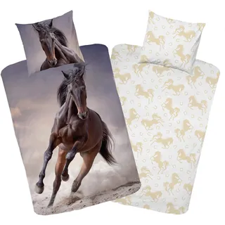 MTOnlinehandel Pferde Bettwäsche Set 135x200 · Teenager Pferde-Motiv · Kissenbezug 80x80 + Bettbezug 135x200 cm - 100% Baumwolle - Mädchenbettwäsche Jungenbettwäsche