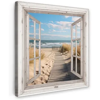 MuchoWow Leinwandbild Fenster - Meer - Küste - Natur - Ausblick - Strand - Wattenmeer Deko Groß 90x90 cm , Beige , Textil , Kiefer , Abstrakt , Quadratisch , 90x90 cm , FSC 100% , gerahmt , Bilder & Rahmen, Bilder, Leinwandbilder