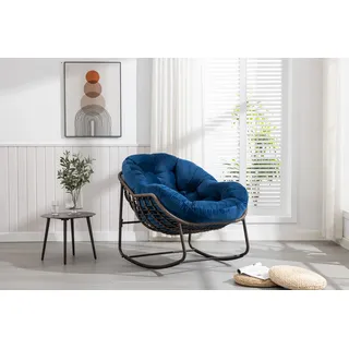 Rattan-Schaukelstuhl für den Außenbereich, gepolsterter Schaukel- und Liegesessel für Veranda, Wohnzimmer, Terrasse, Garten, Marineblau