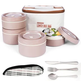BELLE VOUS 5-teiliges tragbares isoliertes Lunchbox-Set mit Besteck - 4 Edelstahl Thermobehälter für Essen - Stapelbar und auslaufsicher - Thermo Lunchbox für Erwachsene - Braun