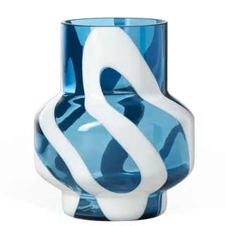 Torre & Tagus Weiße gestreifte transparente Blaue Vase für Tafelaufsätze, 20,3 cm hoch, Blaue Glasvase für Blumen und Moderne Wohnkultur, große dekorative Akzente für Wohnzimmerdekoration oder große