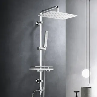 Görbach Regendusche Duschset Duschsystem mit Ablage Chrom Duschstangeset ohne Duscharmatur mit Kopfbrause 35x25cm