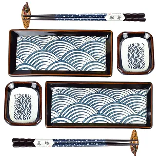 Artcome 8 Stück Japanisches Keramik Sushi Platte Geschirr Set für Hochzeit Housewarming - 2 Sushi Platte, 2 Sauce Geschirr, 2 Paar Essstäbchen, 2 Stäbchenhalter
