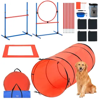 VEVOR Agility Set Hunde, 5-teiliges Kombinationsset mit verstellbaren Hürden, 6 Slalomstangen, Tunnel, Sprungring, Pausenbox, Pfeife, Faltbarer Schüssel, Tasche, Agility Ausrüstung für Hundetraining