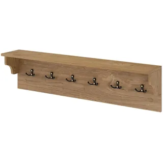 FANTASK Wandgarderobe mit Ablage, 80 × 14 × 20 cm, Wandregal Holz mit 6 Haken, Hängeregal schwebend für Hüte & Bademäntel, Garderobenleiste für Flur, Schlafzimmer (Natur)