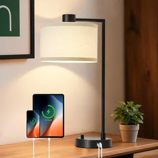 GyroVu Nachttischlampe, Tischlampe mit Ladefunktion USB A+C-Anschlüssen, Stufenlos Dimmbar, Leinen-Lampenschirm, Bedside Lampe für Wohnzimmer Studierzimmer Büro (Glühbirne inklusive)